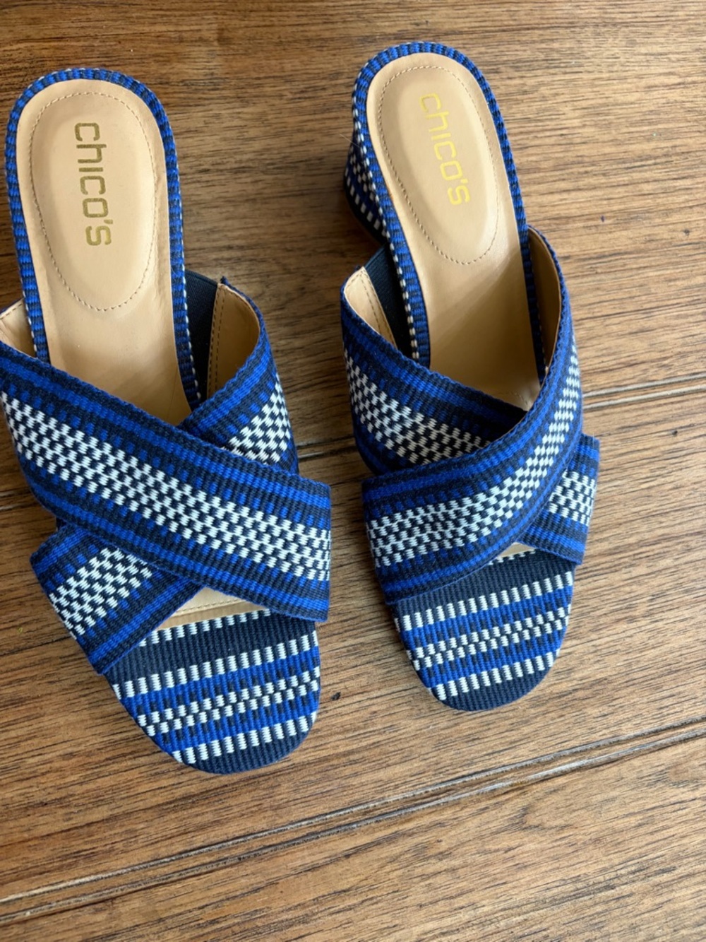 Chico's Blue and White Woven Crossband Slide Mules